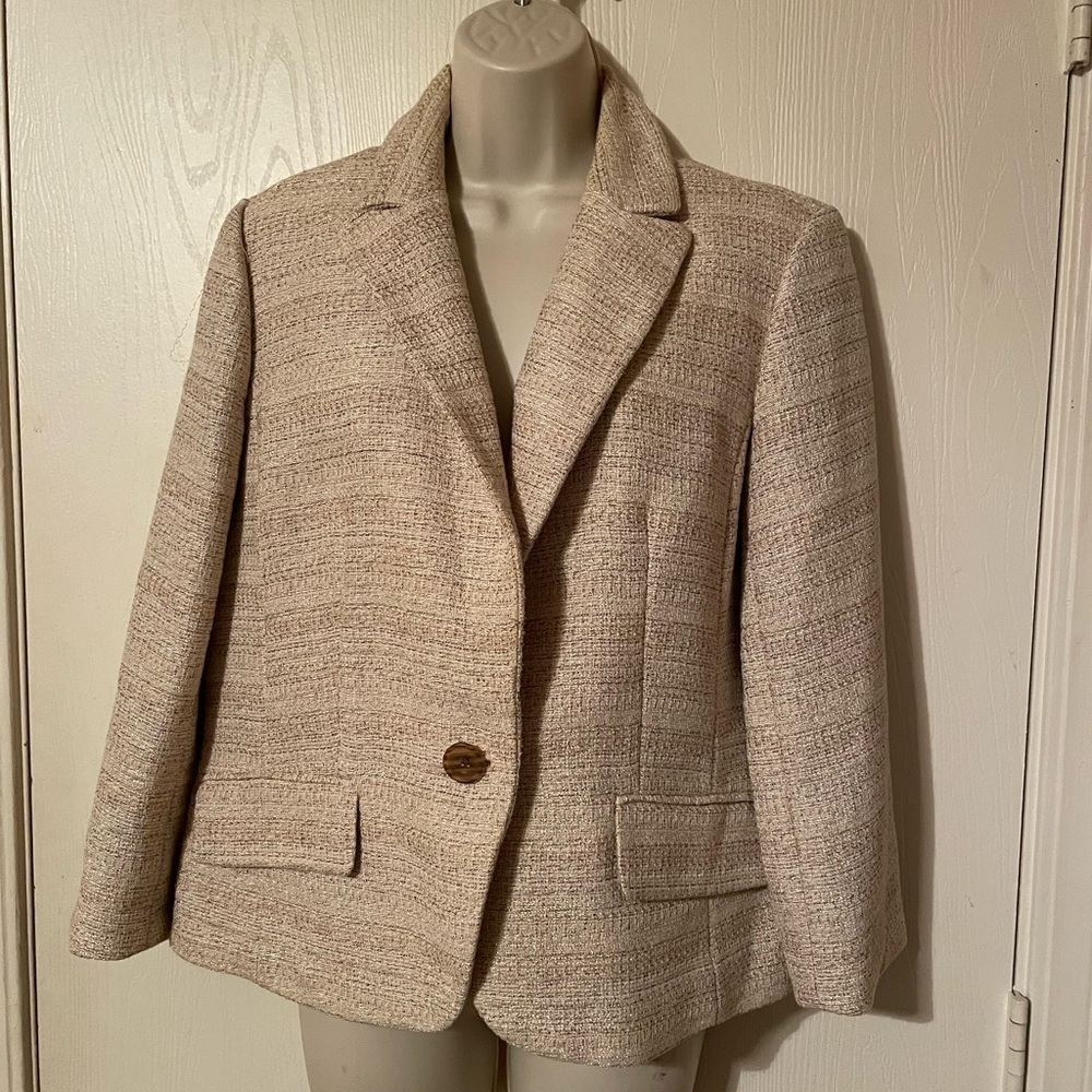 Apostrophe Blazer Size Large 14 Beige Metallic Gold Thread Autumn Academic Coat